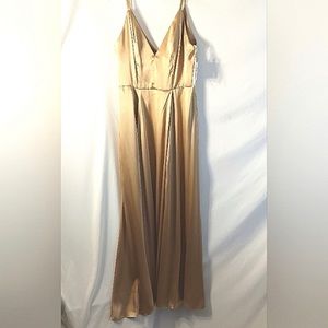 David's Bridal GOLDEN SATIN V-Neck Spaghetti Strap Formal Gown Event Maxi Dress
